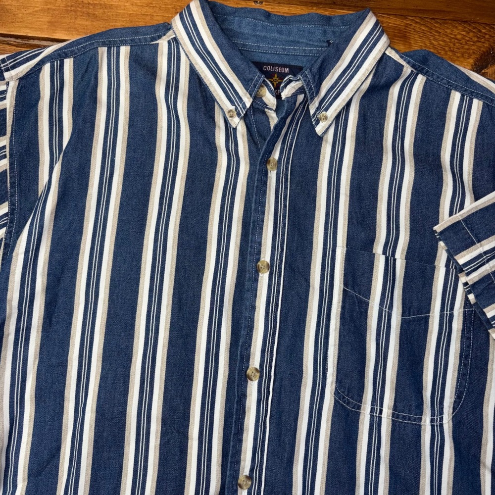 Vtg Coliseum Denim Button Shirt Mens XL Blue Striped Short Sleeve World Explorer